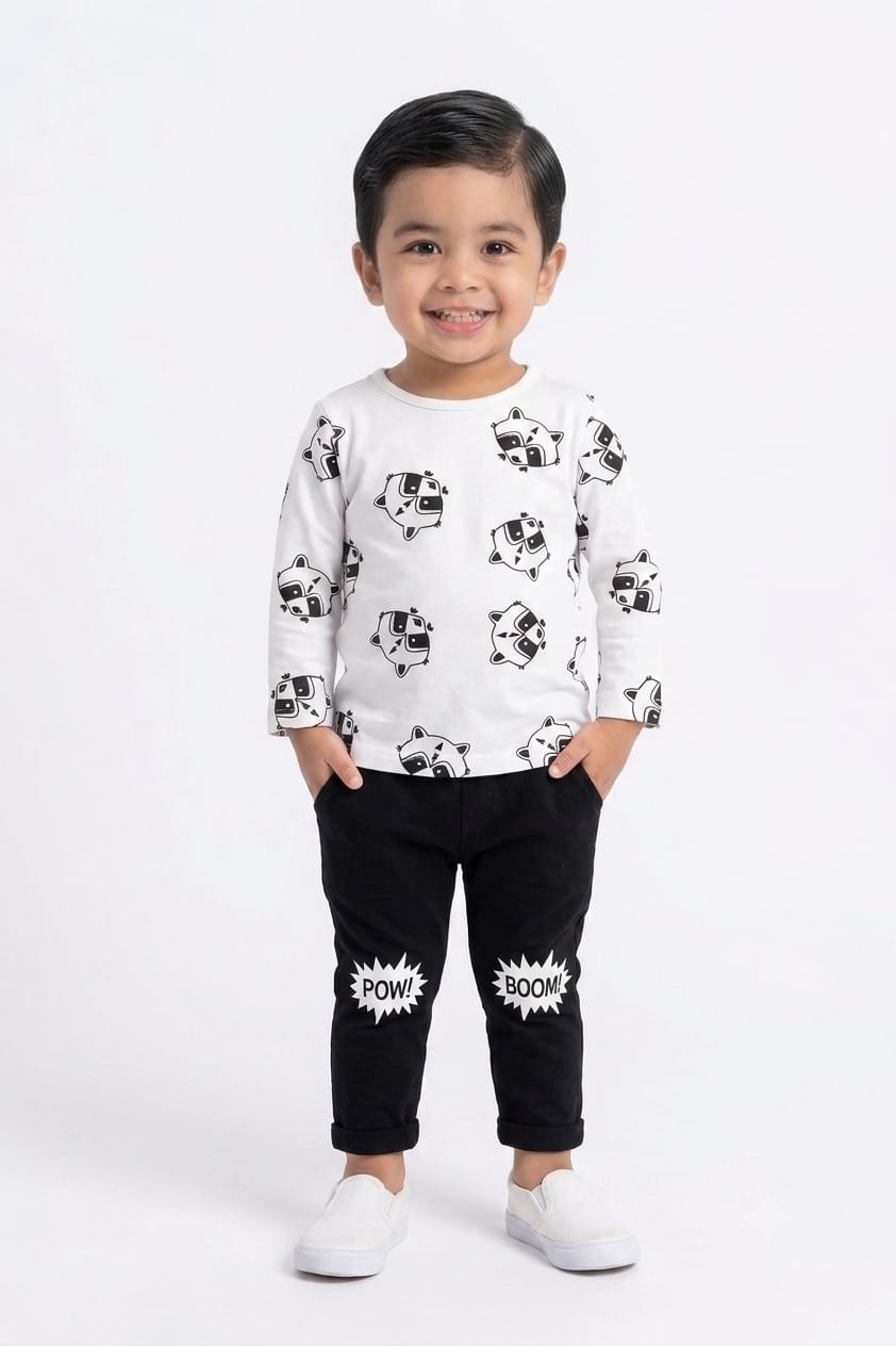 Raccoon Print Boys Cotton T-Shirt & Jogger Pants Set
