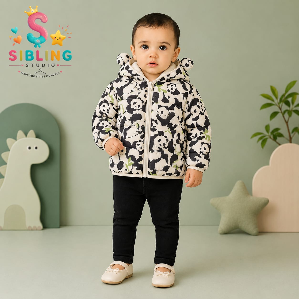 Kids Panda Print Hooded Puffer Jacket