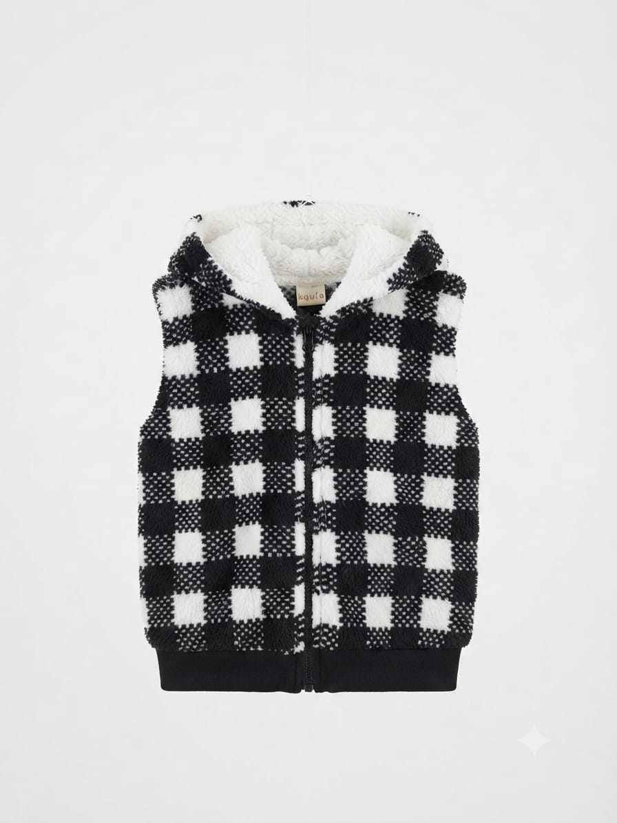 Kids Checkered Fleece Hooded Zip Vest alternate