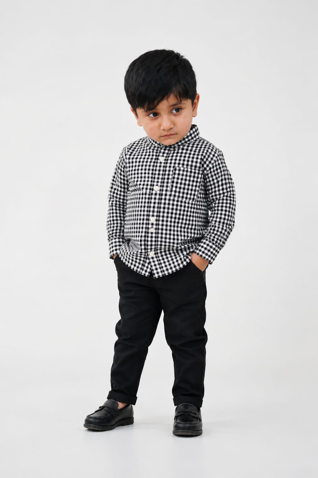 Kids Gingham Band Collar Casual Shirt