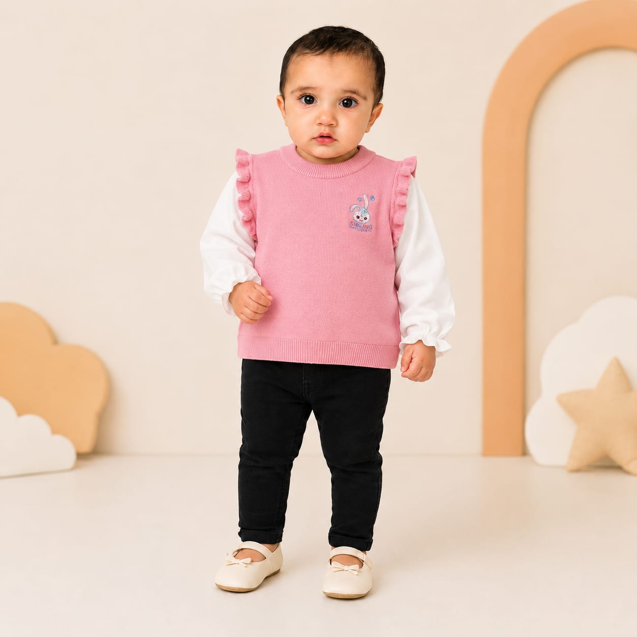 Girls Knit Ruffle-Shoulder Sweater Vest with Blouse Set