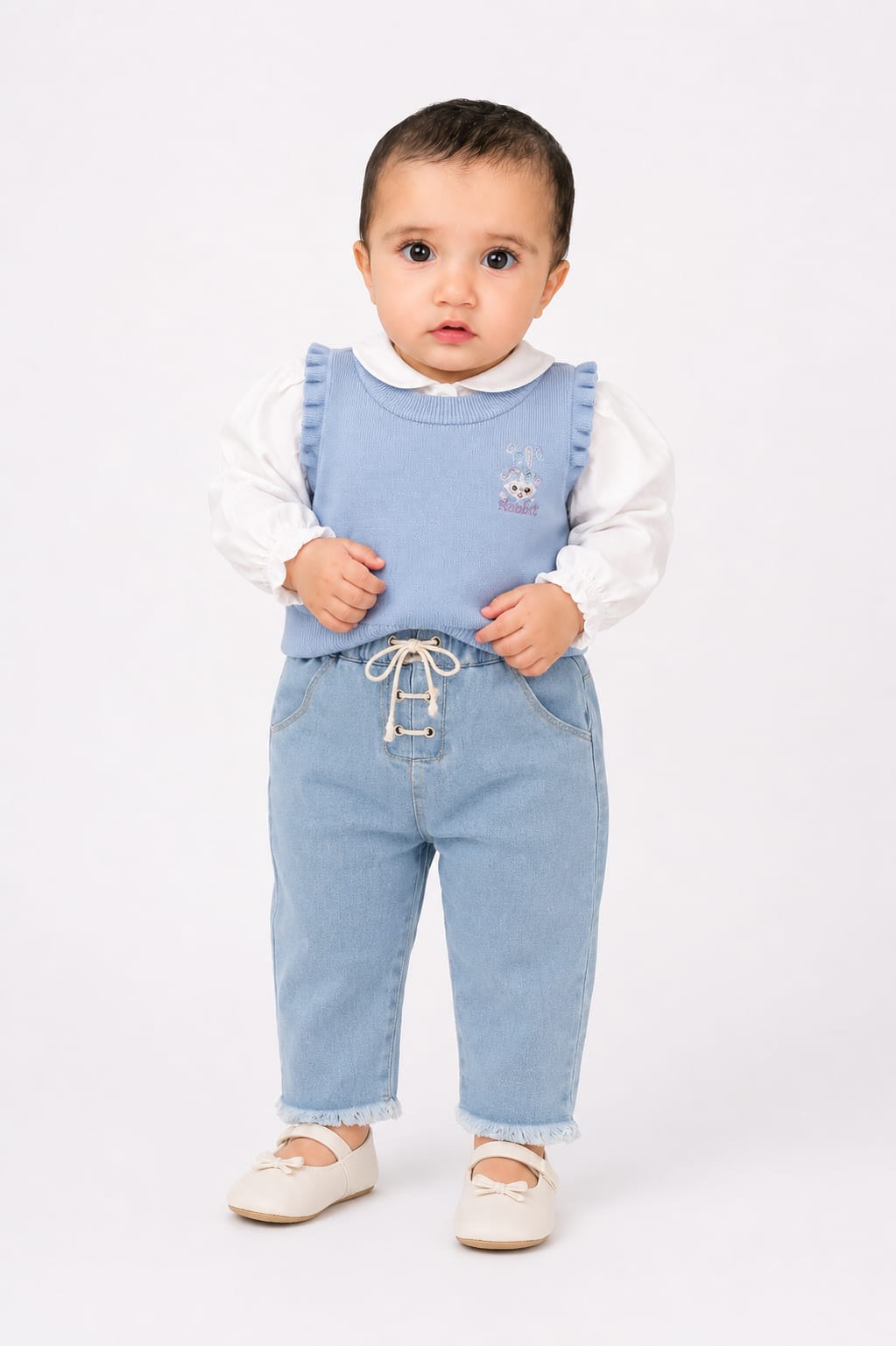 Girls Knit Ruffle-Shoulder Sweater Vest with Blouse Set alternate