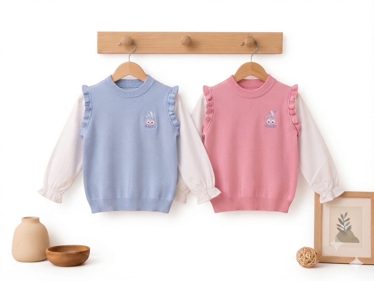 Girls Knit Ruffle-Shoulder Sweater Vest with Blouse Set